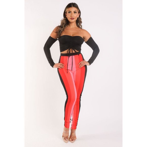 Women's Casual Color Blocked Leggings And Matching Off Shoulder Top Outfit Set - Picture 11 of 12